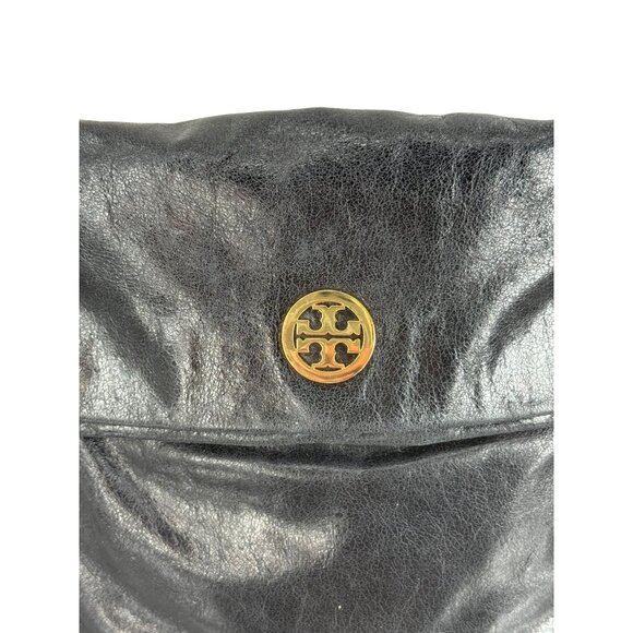 Tory Burch Black Leather Fold-Over Adjustable Strap Gold Tone Logo Crossbody Bag - Picture 4 of 16